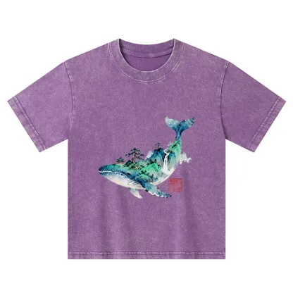 Tokyo-Tiger Whale Ink Painting Landscape Kids Washed T-Shirt