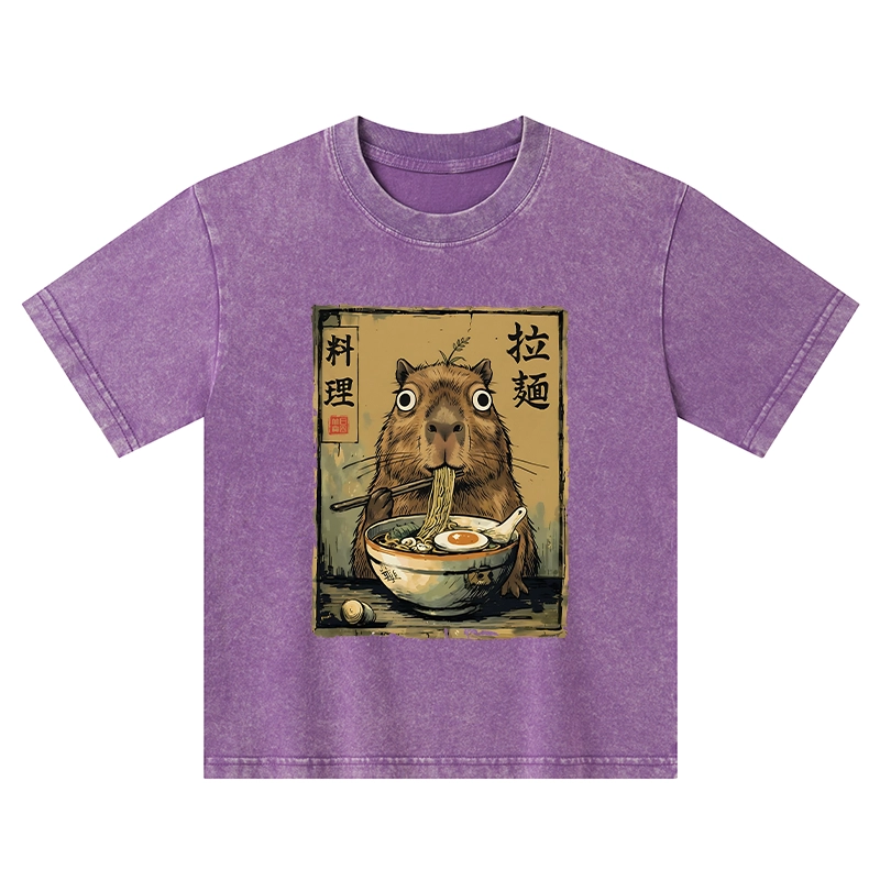 Tokyo-Tiger Cute Capybara Eating Ramen Kids Washed T-Shirt
