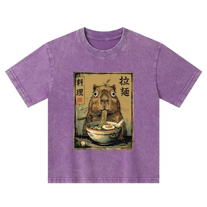 Tokyo-Tiger Cute Capybara Eating Ramen Kids Washed T-Shirt