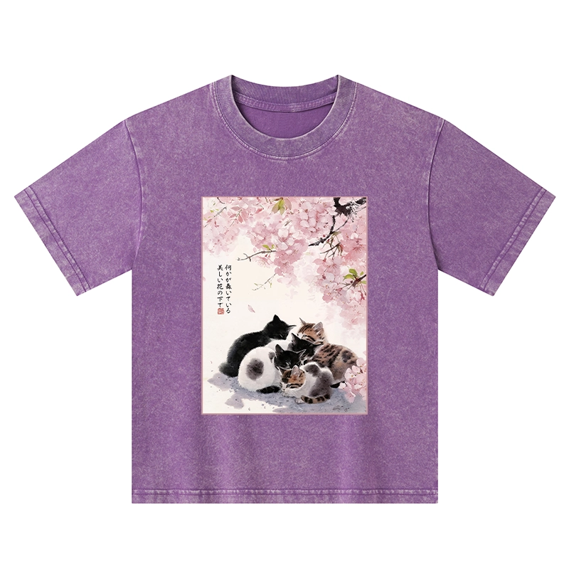 Tokyo-Tiger Cute Cats Sakura Garden Kids Washed T-Shirt