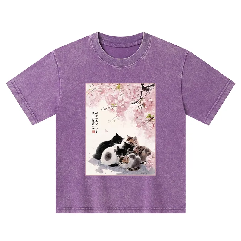 Tokyo-Tiger Cute Cats Sakura Garden Kids Washed T-Shirt