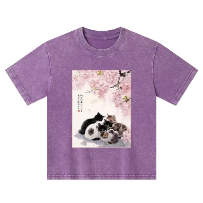 Tokyo-Tiger Cute Cats Sakura Garden Kids Washed T-Shirt