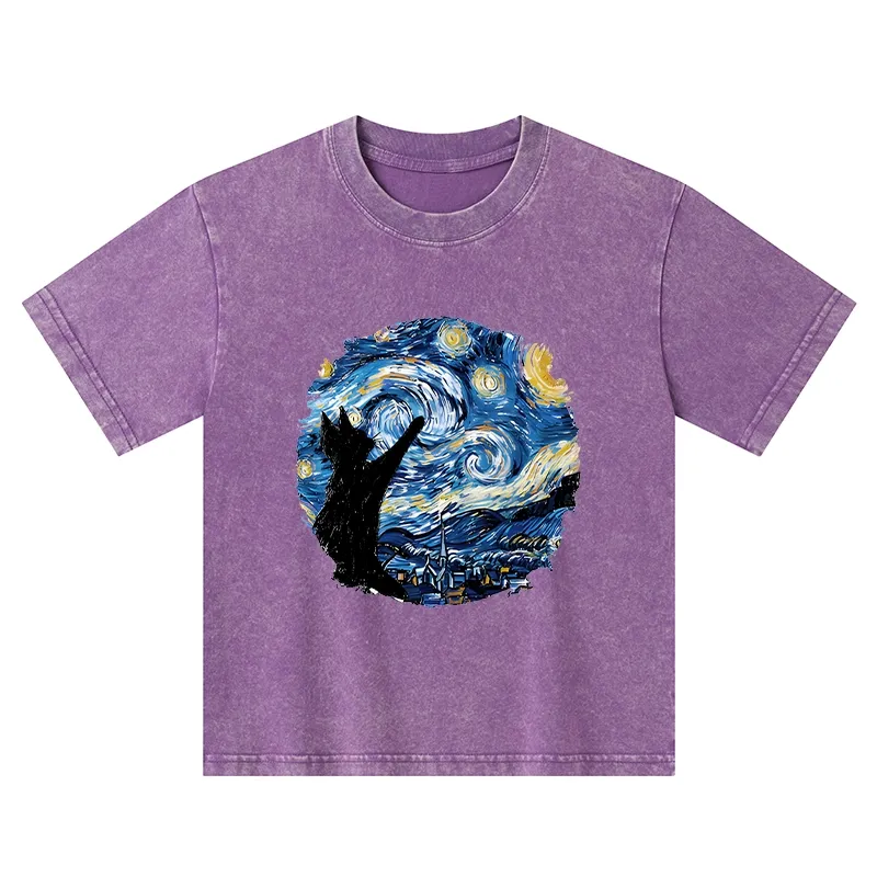 Tokyo-Tiger Starry Night Black Cat Kids Washed T-Shirt