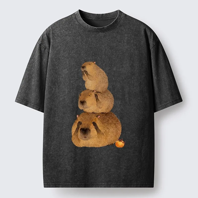 Tokyo-Tiger Capybara Hear No Evil Meme Washed T-Shirt