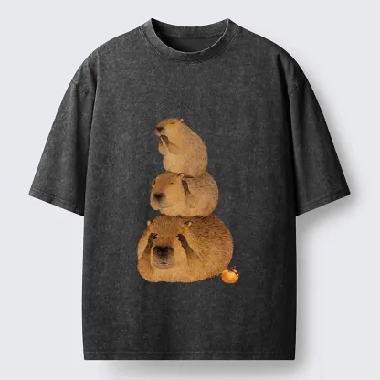 Tokyo-Tiger Capybara Hear No Evil Meme Washed T-Shirt
