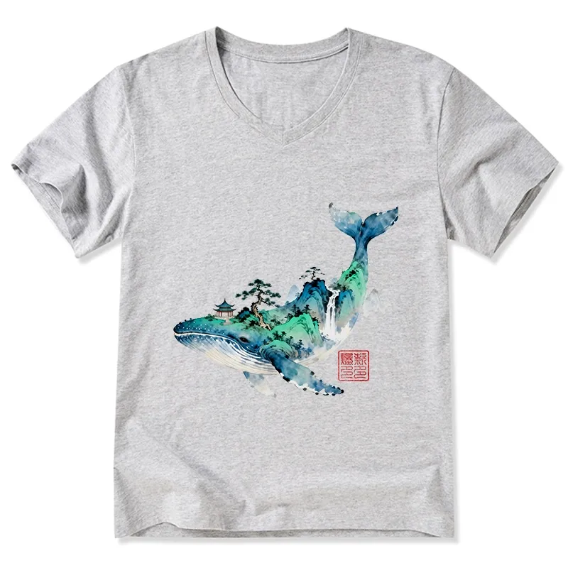 Tokyo-Tiger Whale Ink Painting Landscape V-Neck Classic T-Shirt