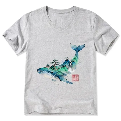Tokyo-Tiger Whale Ink Painting Landscape V-Neck Classic T-Shirt