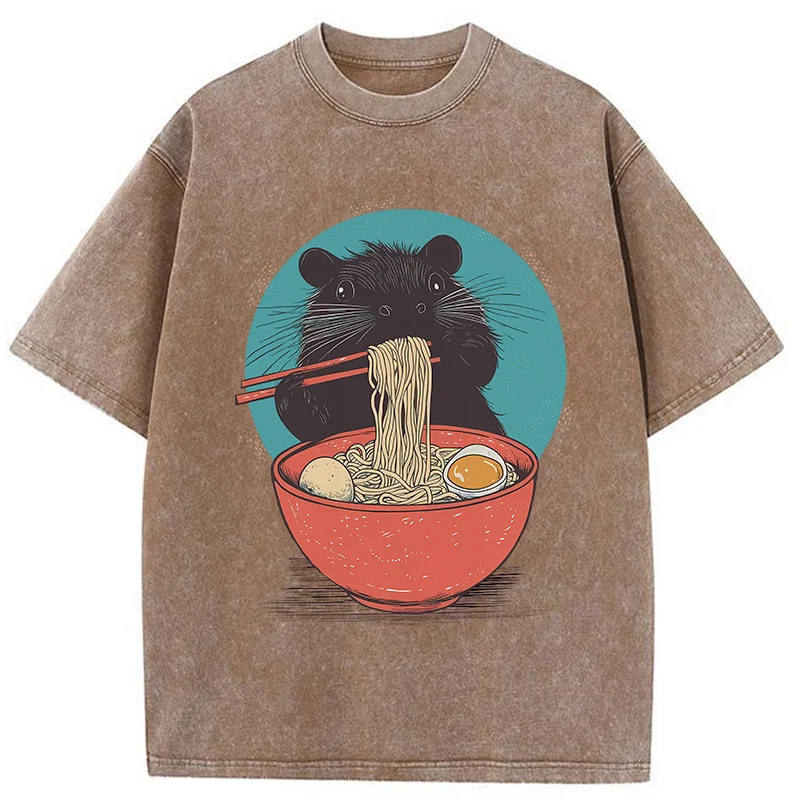 Tokyo-Tiger Hamster Eating Ramen Washed T-Shirt