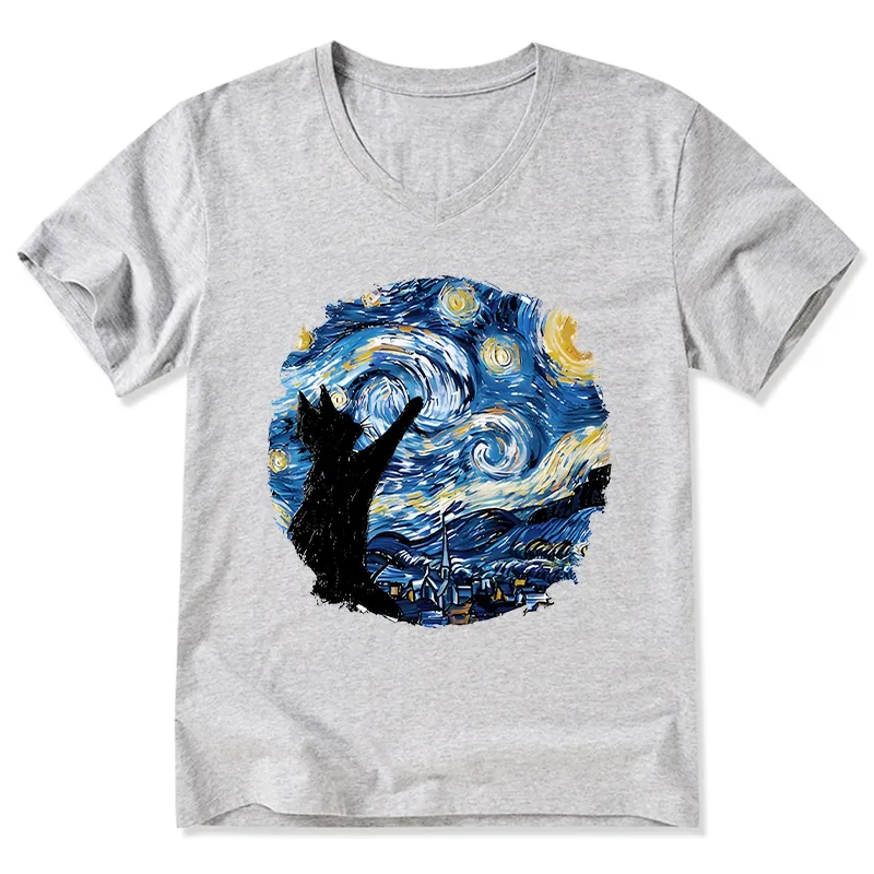 Tokyo-Tiger Starry Night Black Cat V-Neck Classic T-Shirt