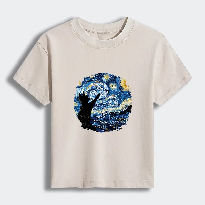 Tokyo-Tiger Starry Night Black Cat Women's Washed T-shirt