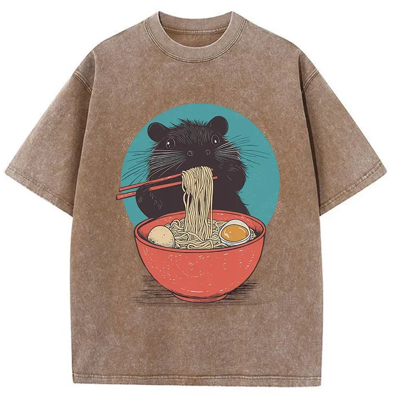 Tokyo-Tiger Hamster Eating Ramen Washed T-Shirt