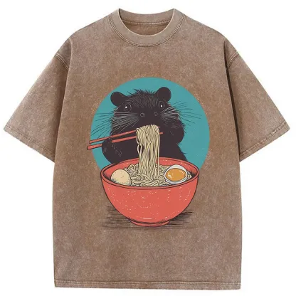 Tokyo-Tiger Hamster Eating Ramen Washed T-Shirt
