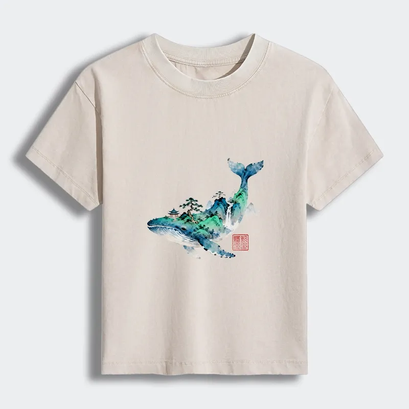 Tokyo-Tiger Whale Ink Painting Landscape Women's Washed T-shirt Sale