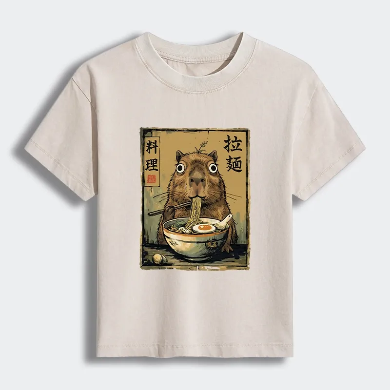 Tokyo-Tiger Cute Capybara Eating Ramen Women's Washed T-shirt