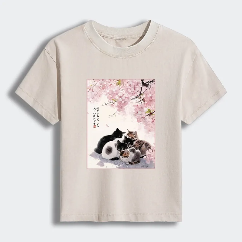 Tokyo-Tiger Cute Cats Sakura Garden Women's Washed T-shirt Sale