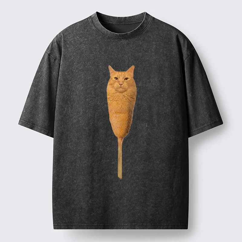 Tokyo-Tiger Orange Cat Corn Dog Meme Washed T-Shirt