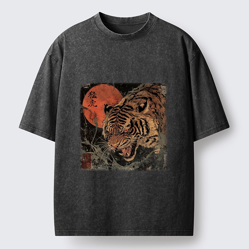 Tokyo-Tiger Fierce Tiger Red Moon Art Washed T-Shirt