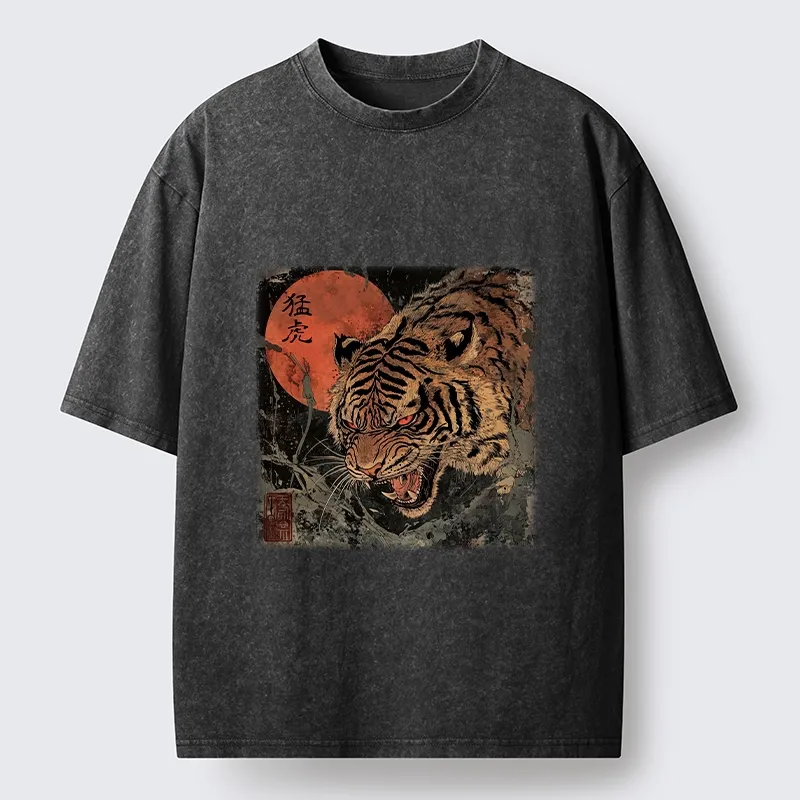 Tokyo-Tiger Fierce Tiger Red Moon Art Washed T-Shirt