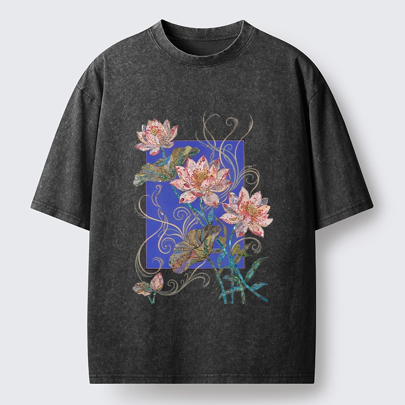 Tokyo-Tiger Lotus Art Floral Vibe Washed T-Shirt