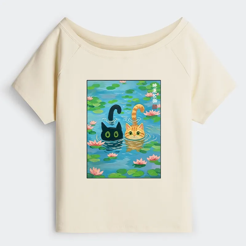 Tokyo-Tiger Cats In The Lotus Pond Off Shoulder T-Shirt