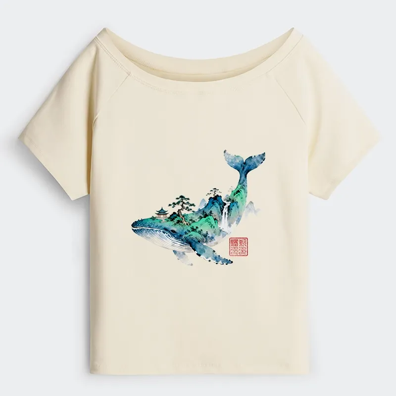 Tokyo-Tiger Whale Ink Painting Landscape Off Shoulder T-Shirt