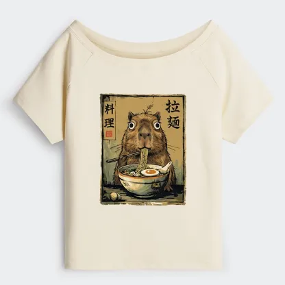 Tokyo-Tiger Cute Capybara Eating Ramen Off Shoulder T-Shirt
