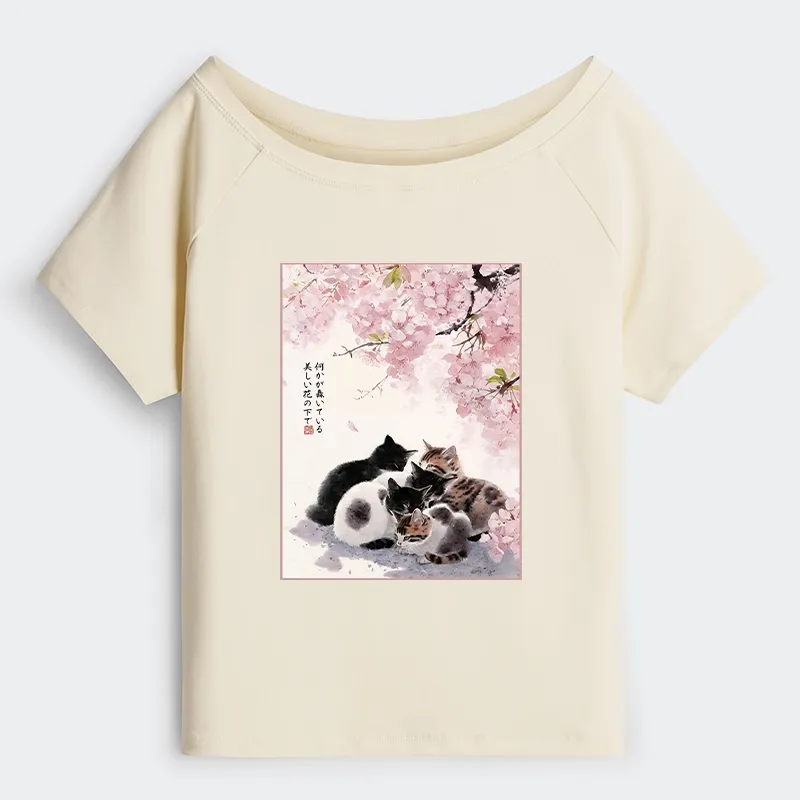 Tokyo-Tiger Cute Cats Sakura Garden Off Shoulder T-Shirt