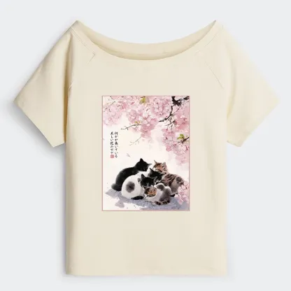 Tokyo-Tiger Cute Cats Sakura Garden Off Shoulder T-Shirt