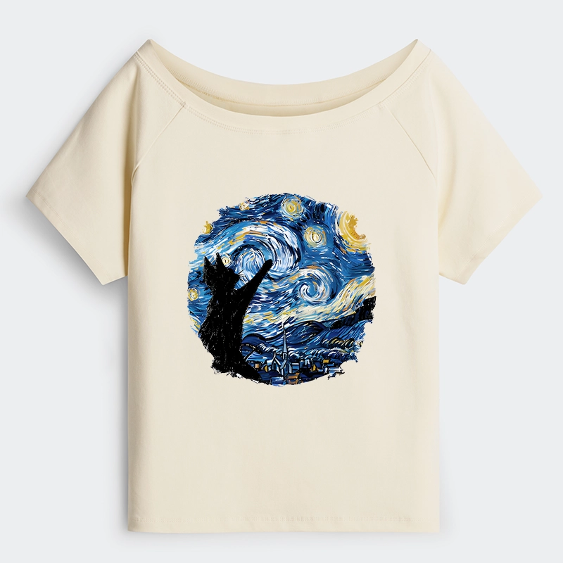 Tokyo-Tiger Starry Night Black Cat Off Shoulder T-Shirt