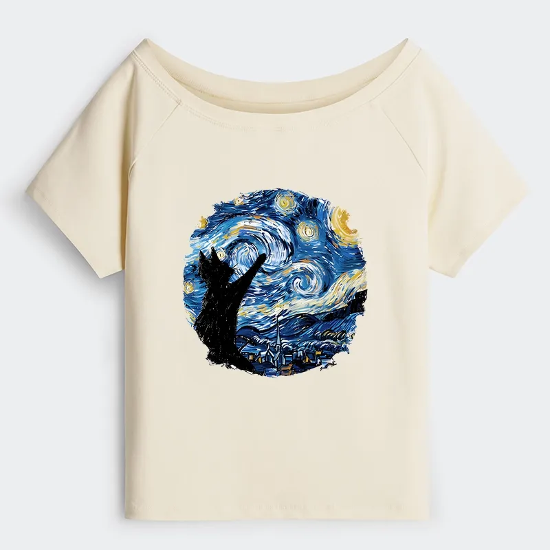 Tokyo-Tiger Starry Night Black Cat Off Shoulder T-Shirt