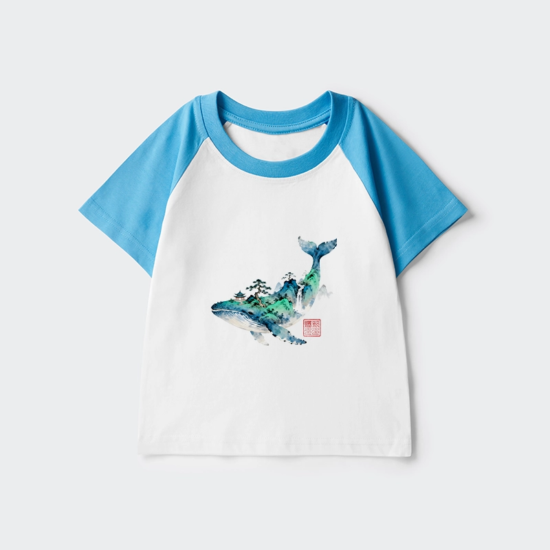Tokyo-Tiger Whale Ink Painting Landscape Kids Raglan T-shirt