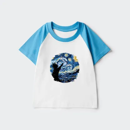Tokyo-Tiger Starry Night Black Cat Kids Raglan T-shirt