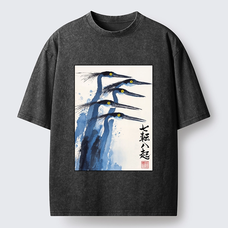 Tokyo-Tiger Blue Herons Japanese Ink Art Washed T-Shirt