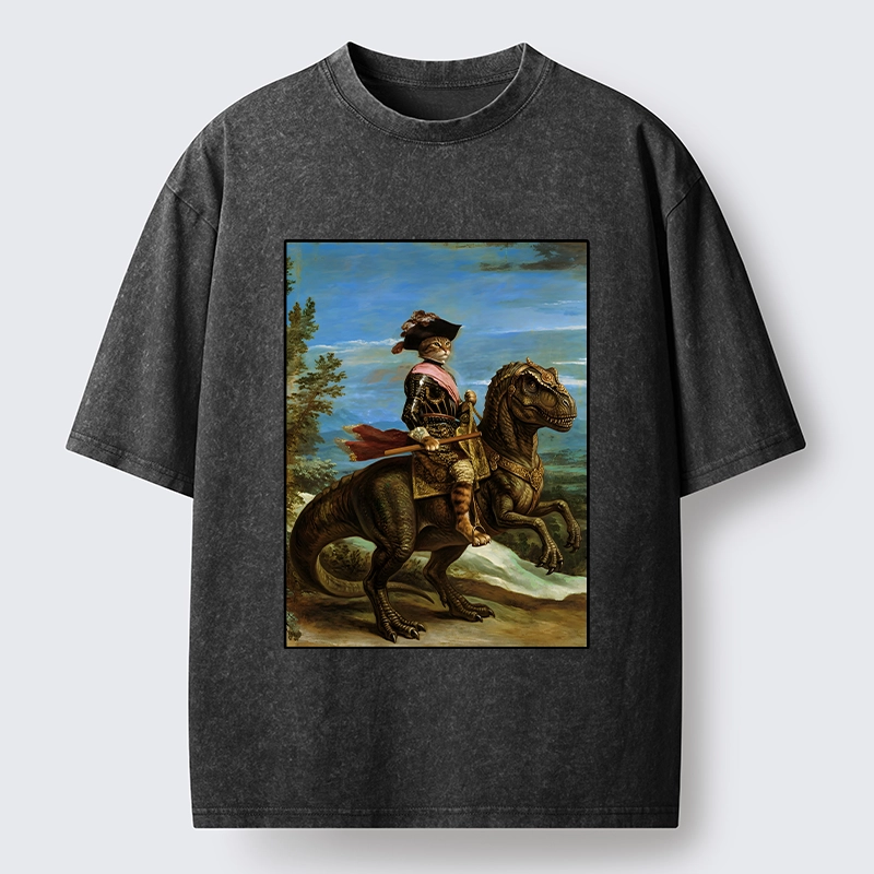 Tokyo-Tiger Fancy Cat Knight On Dinosaur Washed T-Shirt