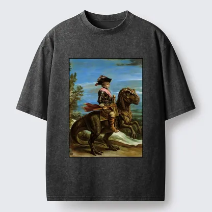 Tokyo-Tiger Fancy Cat Knight On Dinosaur Washed T-Shirt
