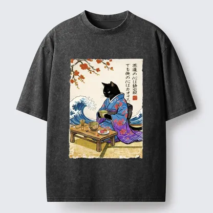 Tokyo-Tiger Black Cat Tea Ceremony Japan Washed T-Shirt