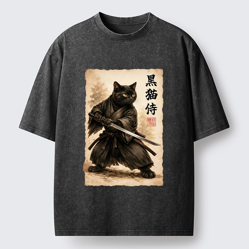 Tokyo-Tiger Black Cat Samurai Warrior Art Washed T-Shirt