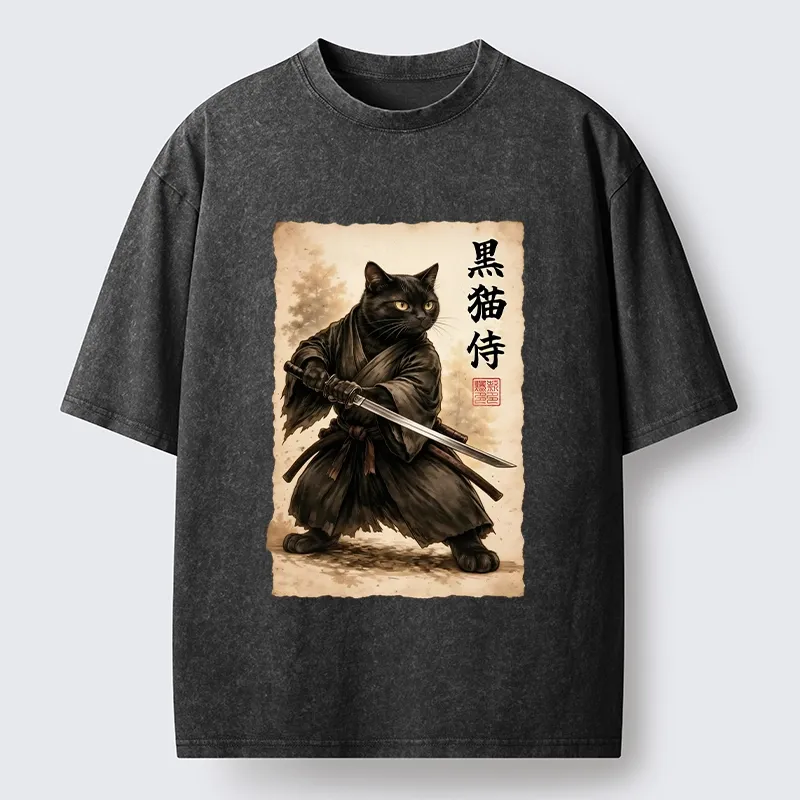 Tokyo-Tiger Black Cat Samurai Warrior Art Washed T-Shirt