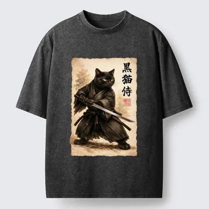 Tokyo-Tiger Black Cat Samurai Warrior Art Washed T-Shirt