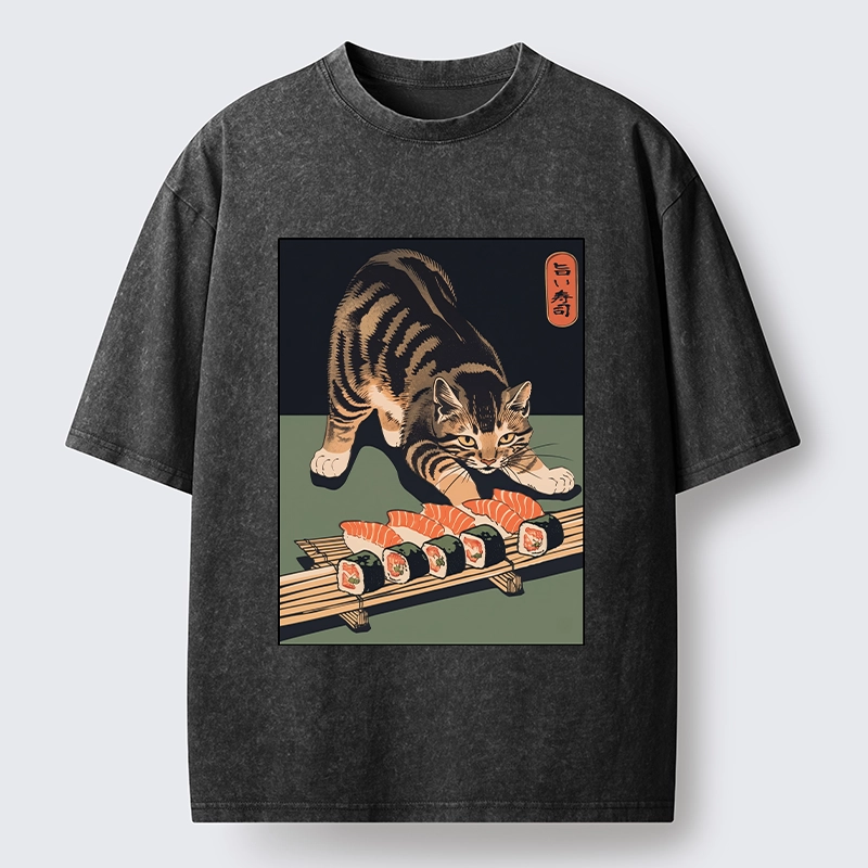 Tokyo-Tiger Cat Trying To Steal Sushi Washed T-Shirt
