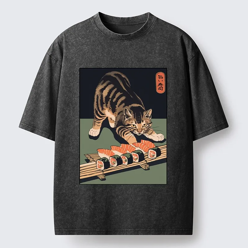 Tokyo-Tiger Cat Trying To Steal Sushi Washed T-Shirt