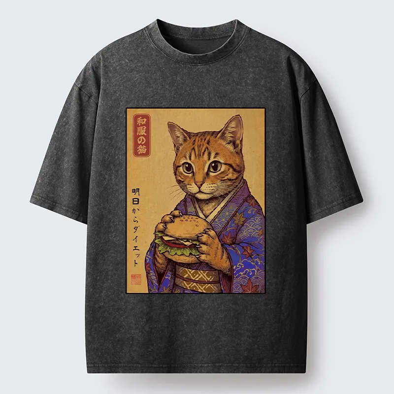 Tokyo-Tiger Kimono Cat Eating A Burger Washed T-Shirt
