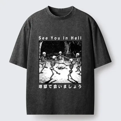 Tokyo-Tiger Funny Skeleton Hell Party Washed T-Shirt