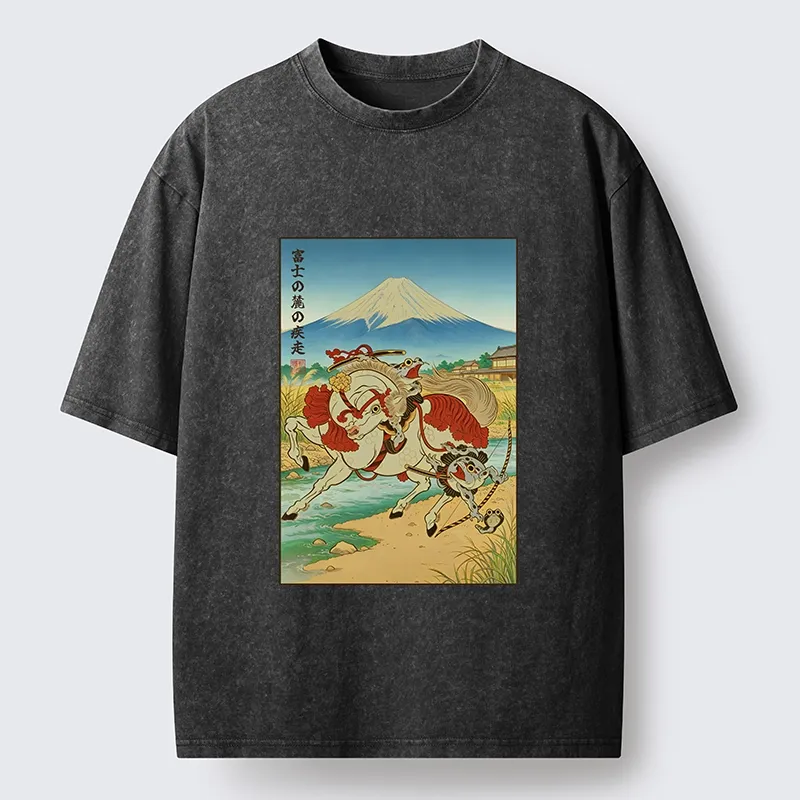 Tokyo-Tiger Samurai Frog Under Mount Fuji Washed T-Shirt