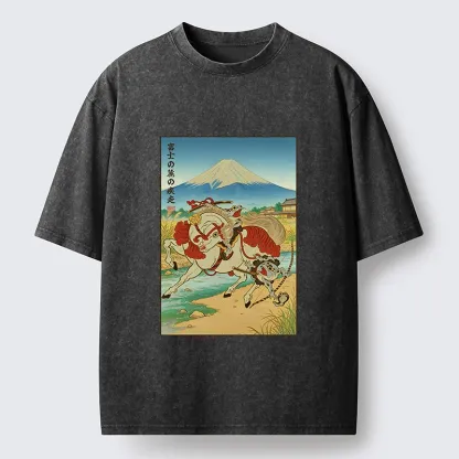 Tokyo-Tiger Samurai Frog Under Mount Fuji Washed T-Shirt