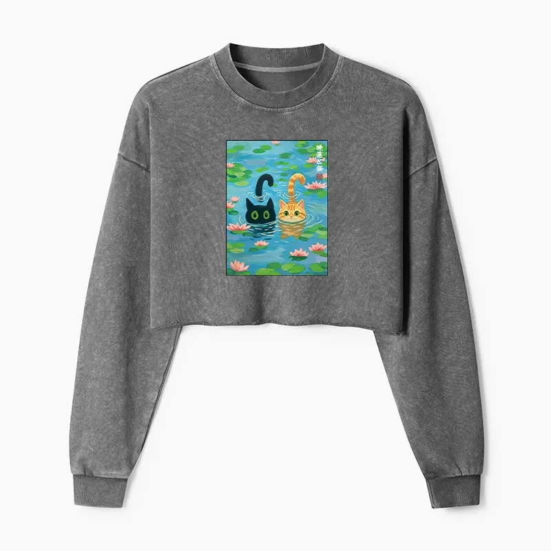 Tokyo-Tiger Cats In The Lotus Pond Washed Crop Sweatshirt