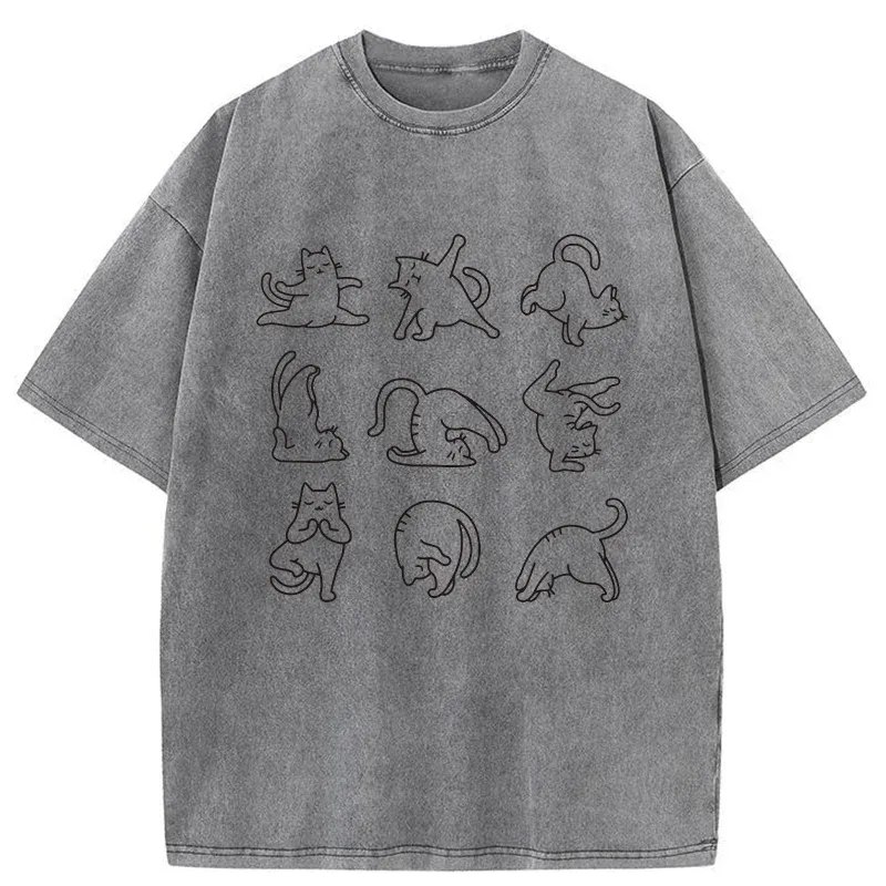 Tokyo-Tiger Cat Pose Yoga Washed T-Shirt
