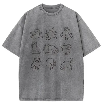 Tokyo-Tiger Cat Pose Yoga Washed T-Shirt