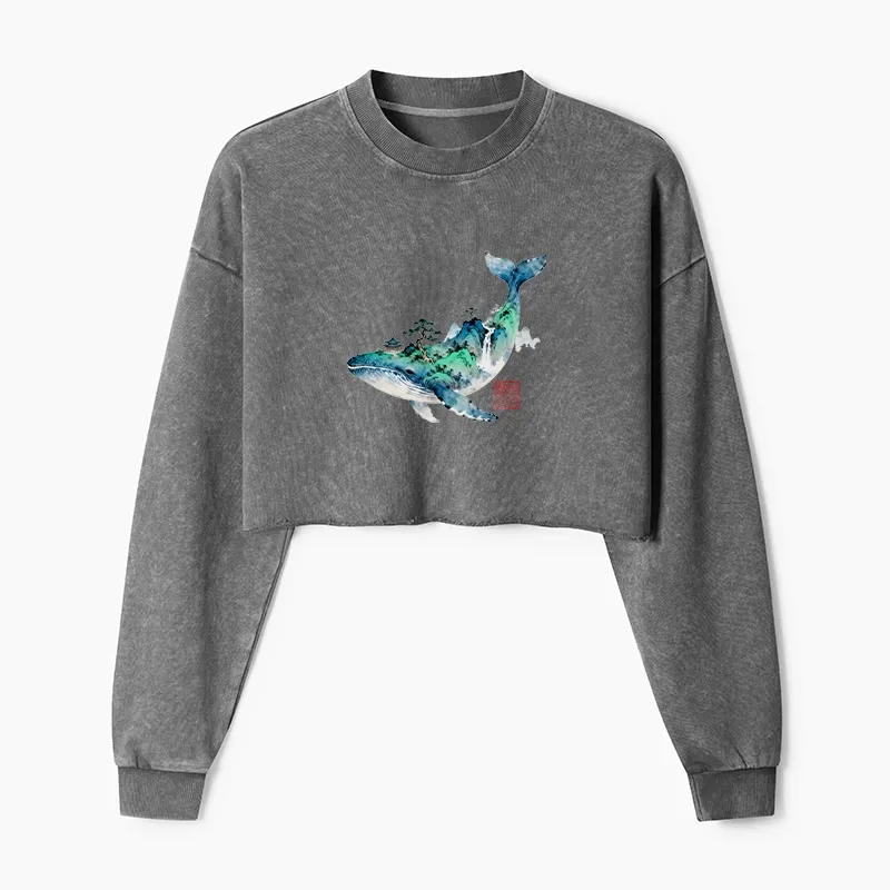 Tokyo-Tiger Whale Ink Painting Landscape Washed Crop Sweatshirt