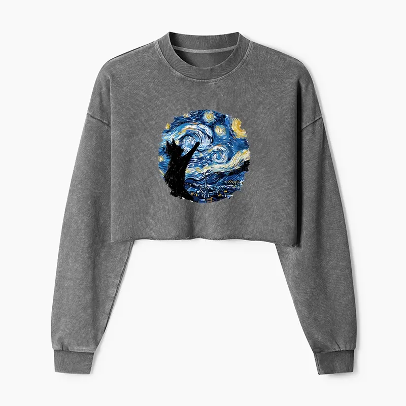 Tokyo-Tiger Starry Night Black Cat Washed Crop Sweatshirt